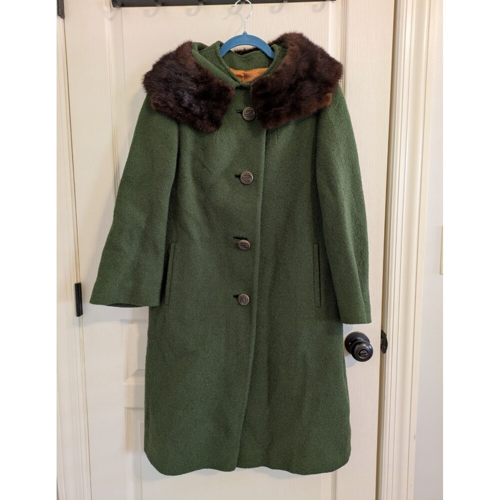 Vintage 50s Mar-Del By Rice ILGWU Women’s Swing Wool Coat Mink Fur Collar Green